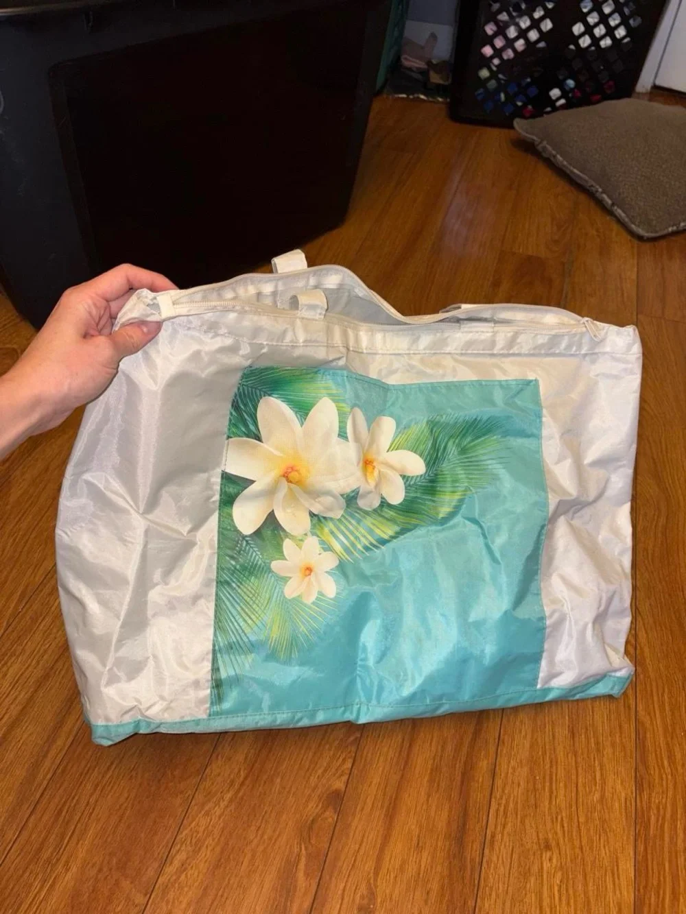 White and Turquoise Floral Tote Bag with Dual Handles